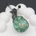 Vintage silver snail brooch with a natural green shell and black rhinestone accents - 20-55mm, 10g / Silver Natural Green Shell