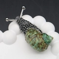 Silver snail brooch with natural green spiral shell and diamond-encrusted metallic texture - 20-60mm, 15g / Silver Natural Green Shell