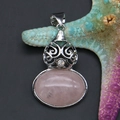 Pink quartz oval gemstone pendant with silver scrollwork and white zircon accents - 28x44mm, 10g / Rose Quartz