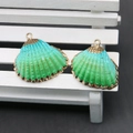 Green gradient fan shell charms with gold plating edges and rings for DIY jewelry - Bright Green Blue Gradient
