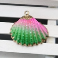 Pink and green gradient seashell pendant with gold-plated edges for DIY jewelry making - Rose Red Green Gradient