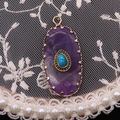 Oval purple stone pendant with turquoise inlay and vintage gold floral metal frame - 16x36mm, 4g / Purple Crystal