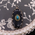 Bohemian oval black pendant featuring water-drop blue turquoise in gold vintage frame - 16x36mm, 4g / Black Agate