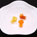 Detailed view of polished dragon vein agate mushroom stones in a white floral tray - Orange Yellow