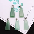 Close-up of five trapezoid green natural stone pendants with silver metal clasps - Trapezoid Pendant Set / Green Aventurine