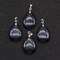Polished black gemstone teardrop pendant with silver metal clasp for DIY jewelry - 18x25mm / Black Agate