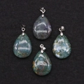Waterdrop-shaped green moss agate natural stone pendants with silver-toned metal bails - 18x25mm / India Agate