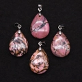 Pink natural stone teardrop pendants set with polished silver bails for DIY jewelry - 18x25mm / Rhodonite with Black Lines