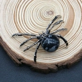Gothic silver spider pendant with black and white marbled gemstone on wood base - 34x47mm / Snowflake Obsidian