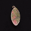 Macro shot of marquise unakite pendant with golden metal edges and natural green pink patterns - Unakite