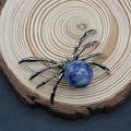 Retro spider pendant with blue marble stone and silver metal details on wood - 34x47mm / Blue Spot Stone