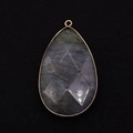 Macro detail of faceted teardrop labradorite pendant with golden electroplated edging - 31x55mm (1008-T250407011) / Flash Stone (Labradorite)