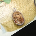 Oval silver plated picture jasper pendant with natural brown geological landscape textures - Jasper