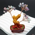 Mini crystal money tree featuring colorful natural gemstone leaves and a brown ceramic pot - Purple Fluorite