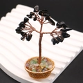 Handcrafted money tree with obsidian leaves and colorful crystal gravel in a mini basket - Black Agate