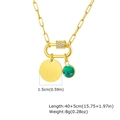 Golden paperclip chain necklace with carabiner lock, round disc and green gemstone pendant - May/Green Zirconia