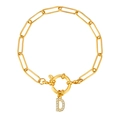 18K goudvergulde roestvrijstalen paperclip armband met een zirkonia letter D bedelhanger - Letter D