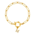 18K gouden paperclip-kettingarmband met micro-geplaveide letter M-bedeltje en veersluiting - Letter M