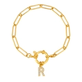 18K vergulde paperclip kettingarmband met een met kristallen ingelegde letter R hanger - Letter R