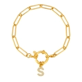 Gouden paperclip ketting armband met een sprankelende pavé zirkoon letter S hanger - Letter S