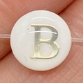 Flat round white seashell bead with golden letter B for DIY jewelry making - 6mm / Style B