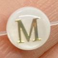 Flat round white shell bead with gold letter M charm for personalized DIY jewelry making - 6mm / Style M