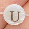 Natural white mother of pearl shell bead with golden letter U engraving for jewelry - 6mm / Style U
