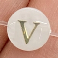 Flat round white sea shell bead with gold letter V for DIY jewelry making - 6mm / Style V