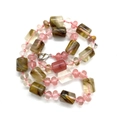 Detail of beaded necklace with brown turquoise cylinders, pink beads and silver lobster clasp - Watermelon Skin (Striped)