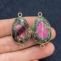 DIY teardrop jewelry link in rose red and green emperor stone with golden rings - 19x34mm