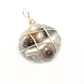 Handmade silver wire-wrapped round pendant with natural white and purple pearls - Style 11 (20mm)