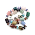 Bohemian style long necklace with colorful natural gemstone cylinder beads and pink cord - Mixed Stones