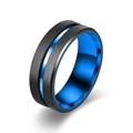 Men's black brushed tungsten ring with blue groove and polished interior finish - Size 7 / 8mm Blue Beveled Edge