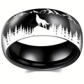 Schwarzer Edelstahlring für Herren mit lasergraviertem Wald- und Wolfsmotiv auf Metall - Größe 6 / Schwarz