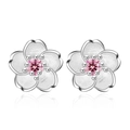 Pink zircon cherry blossom silver stud earrings with white petals on white background - Sakura Stud Earrings (Pink Rhinestone) / Pink