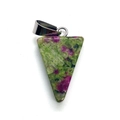 Triangle ruby in zoisite pendant with polished silver metal bail on white background - Ruby Zoisite Triangle Pendant / Ruby Zoisite