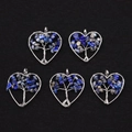 Set of 5 heart-shaped tree of life pendants with blue gemstone chips in silver wire frame - Lapis Lazuli