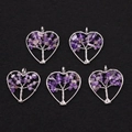 Set of 5 heart-shaped purple fluorite pendants with silver tree of life wire wrapping - Purple Crystal
