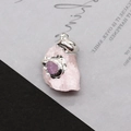 Detail of pink crystal pendant with silver edging and small purple stone accent - Rose Quartz Pendant (No.7) / 25-45mm, 20-30g