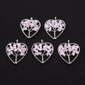 Heart shaped Tree of Life pendants with pink natural stones and silver wire wrapping - Rose Quartz