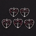 Five handmade heart tree of life pendants with silver wire and dark red garnet stones - Garnet