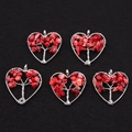 Tree of Life heart pendants with red natural crushed stones and silver wire wrapping - Sea Bamboo Coral
