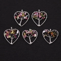 Five heart-shaped Tree of Life pendants with colorful natural stone chips and silver wire - Tourmaline