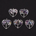 5Pcs heart-shaped tree of life pendants with colorful natural stones and silver wire - Purple Fluorite