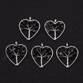 Five heart-shaped silver wire tree of life pendants with black natural stone beads - Black Agate