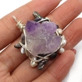 Handgefertigter Amethyst-Anhänger mit Süßwasserperlen und Silberdraht-Wicklung - Amethyst Süßwasserperle Drahtumwickelter Anhänger (2) - Nur Anhänger (Ohne Kette)