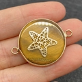 Tiger eye stone connector with golden star inlay and metal frame for DIY jewelry - Double Loop Connector / Star Tiger Eye