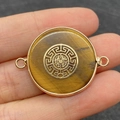 Tiger eye stone connector with golden geometric inlay and dual loops for DIY jewelry - Double Loop Connector / Greek Key Tiger Eye