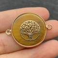 Tiger eye stone connector with golden tree of life charm and double metal loops - Double Loop Connector / Tree of Life Tiger Eye