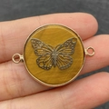 Tiger eye stone round pendant with golden butterfly inlay and dual connectors - Double Loop Connector / Butterfly Tiger Eye